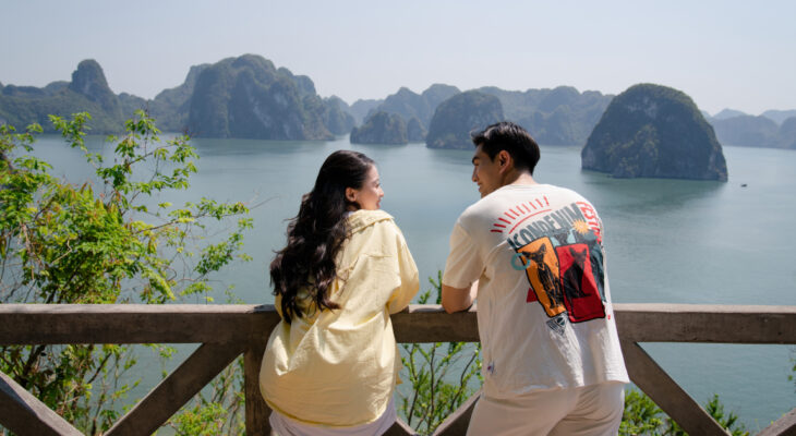 Guests enjoy Halong Bay view.